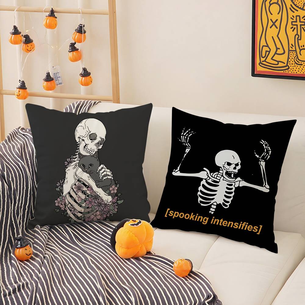 Creepy Skeleton Cat Halloween Pillow Case Short Plush Double-Sided Print Square Throw Pillow Covers Sofa Home Cushion Decor