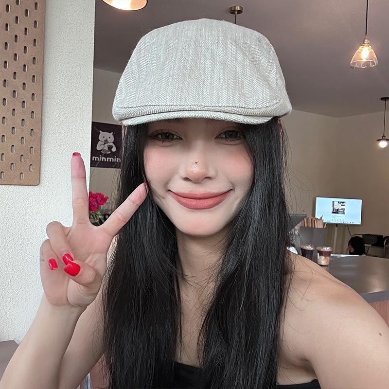 Retro striped cowboy forward hat women's literary big head circumference beret showing face little painter cap