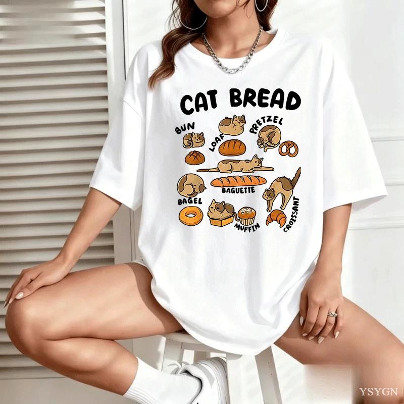 Funny Cat Bread Art Print Womens Crew Neck Short Sleeve T Shirt Cute Kitten Bakery Food Cartoon Casual Graphic Tees For Ladies
