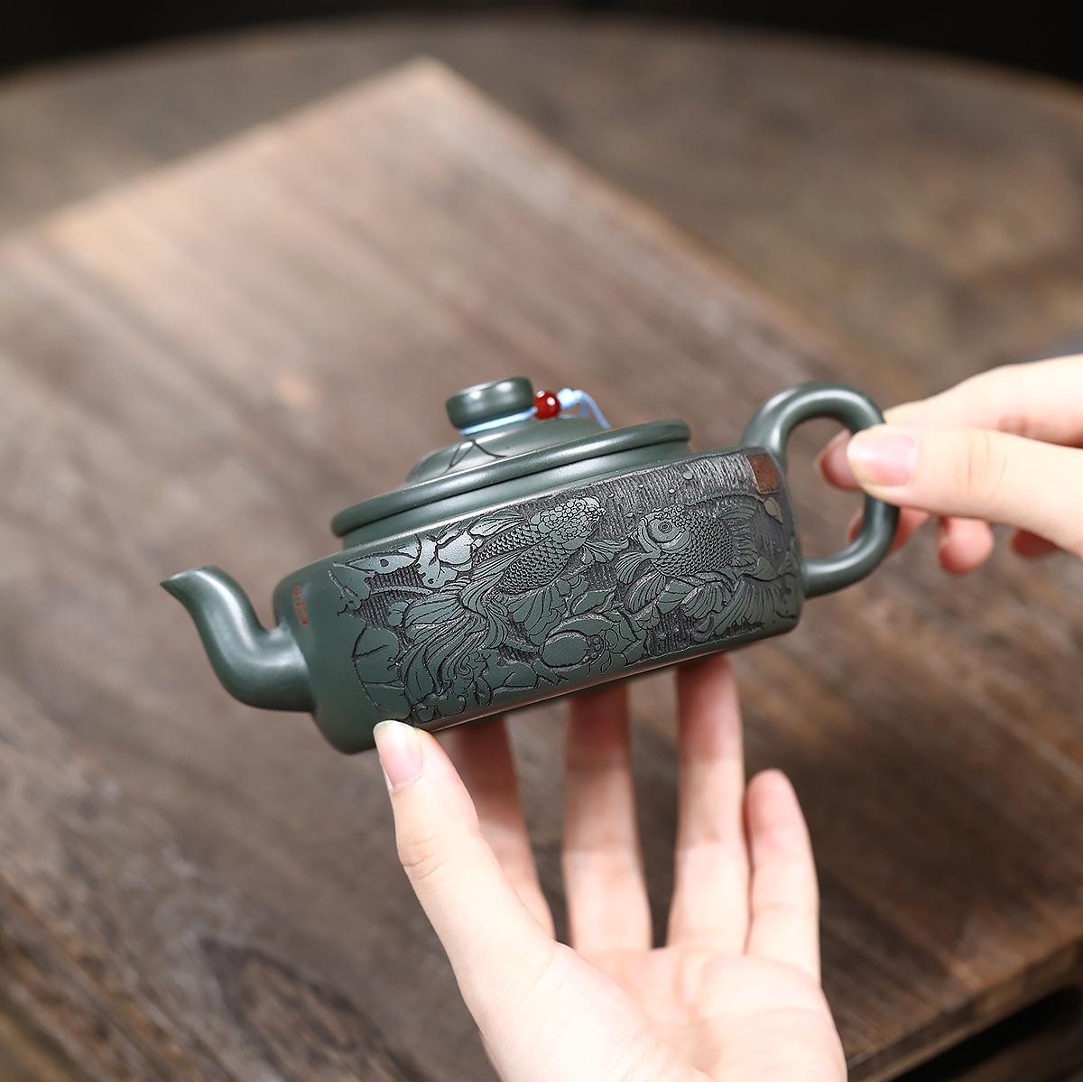 

280ml Exquisite Yixing Purple Clay Teapots Handmade Lotus Fish Pot Raw Ore Blackish Green Mud Kettle With Filter Zisha Tea Set