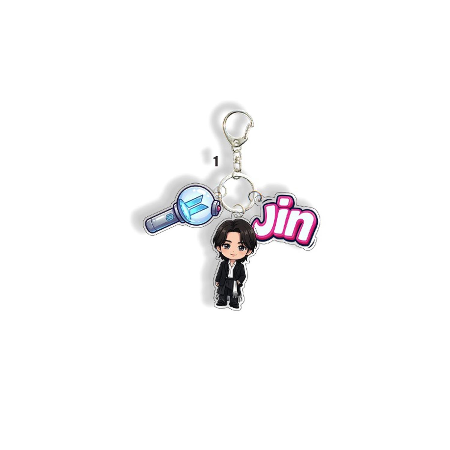 

BTS 3-Charm Keychain, Bangtan Boys Cartoon Figure with Lightstick & Name Tag, Kpop ARMY Fans Bag Pendant(Jin RM Suga Jimin V J-Hope Jungkook) JIN
