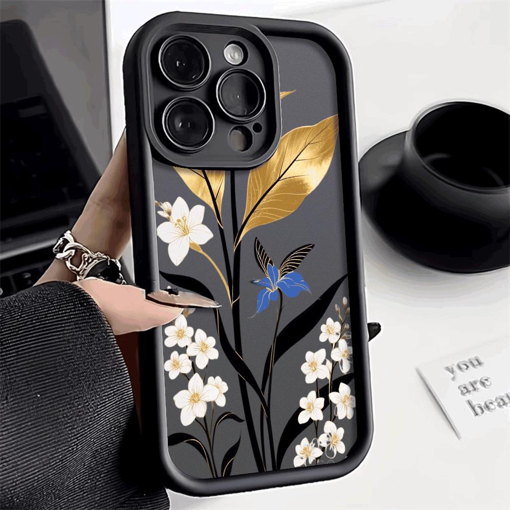 Goldblatt Florales Design Weiche TPU Handyhülle für iPhone 16 15 14 13 12 11 Pro Max Plus Stoßfest Anti-Rutsch Abdeckung