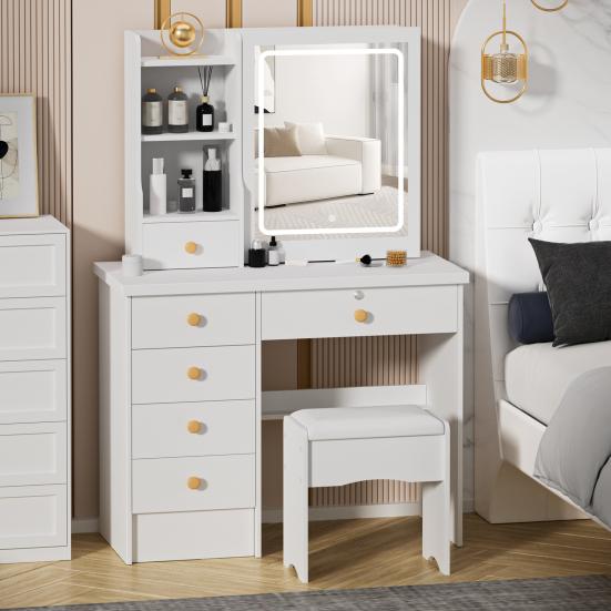 Schminktisch mit einstellbarer 3-Farben-Helligkeitsanpassung, verschiebbarem beleuchtetem Spiegel, Frisiertisch-Set mit 6 Schubladen und mehreren versteckten Ablageregalen