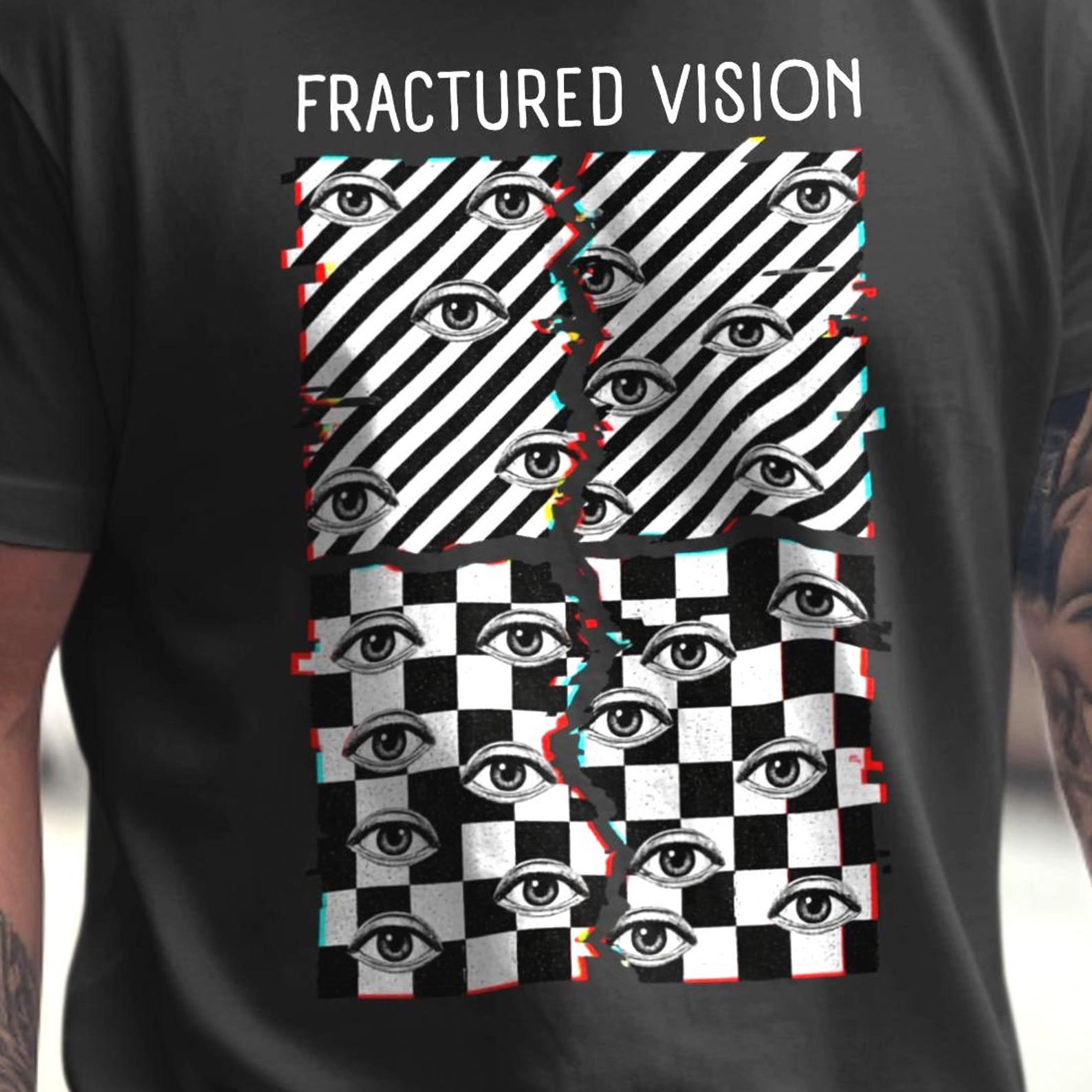 Fractured Vision Glitch T-Shirt | Optical Illusion Eyes Shirt | Black White Eyeballs Surreal Tee S