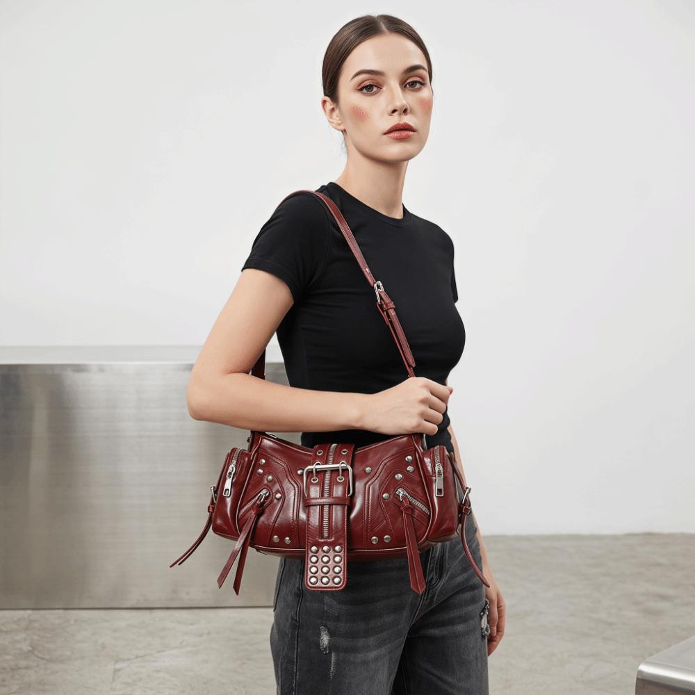 PU Leather Gothic Rivet Shoulder Bag Leopard Print Polyester Lining Underarm Bag Black Color Multi Strap Crossbody Bags Date