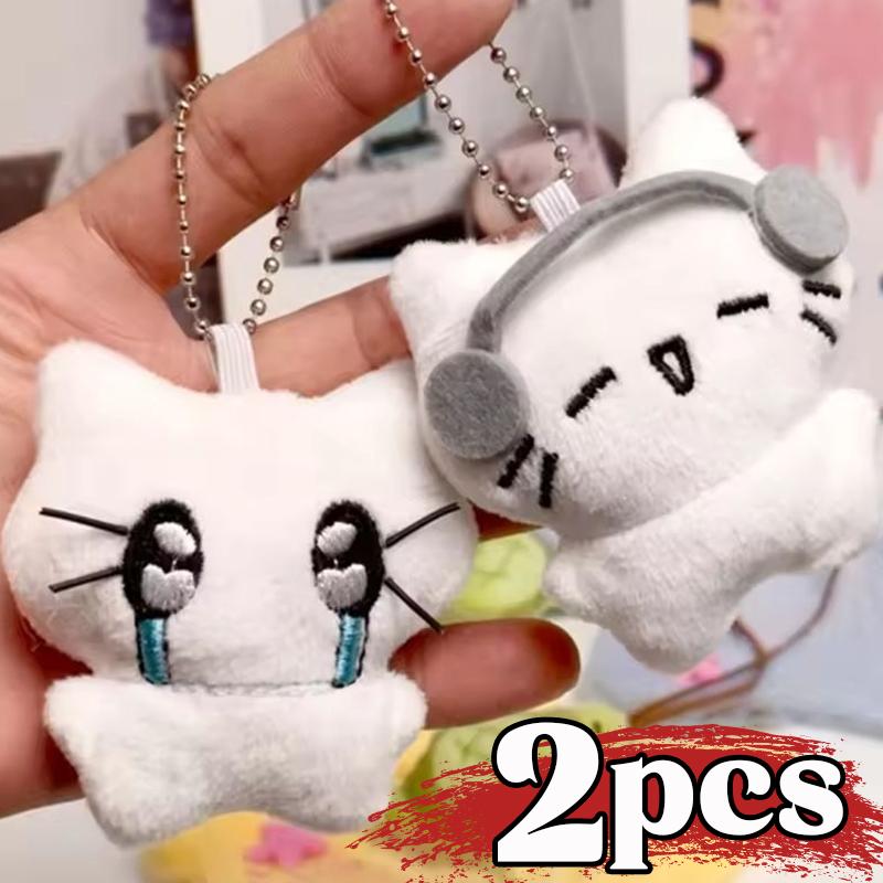 2PCS Cute Headphones Kitten Couple Keychain Mini Cartoon Kawaii Crying Cat Doll Plush Keyring Bags Pendant Backpack Decoration
