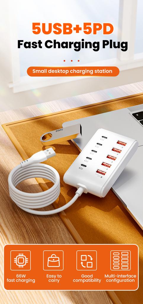 10 Port Power Strip, Hub, Suitable for Home Use and Travel Carrying