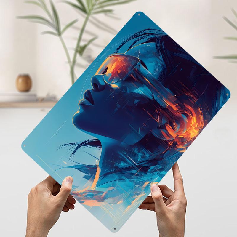 Cyberpunk Woman in Sunglasses Poster Customized Wall Art Vintage Metal Signs Retro Tin Plaque for Man Cave Home Decorations Room