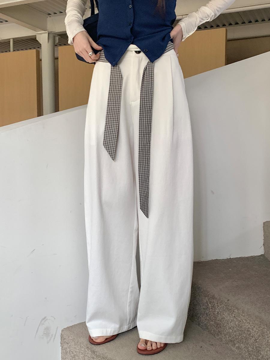 Vesong 2026 Spring Women s Color Block Lace-up Wide Leg High Waist Pants L белый