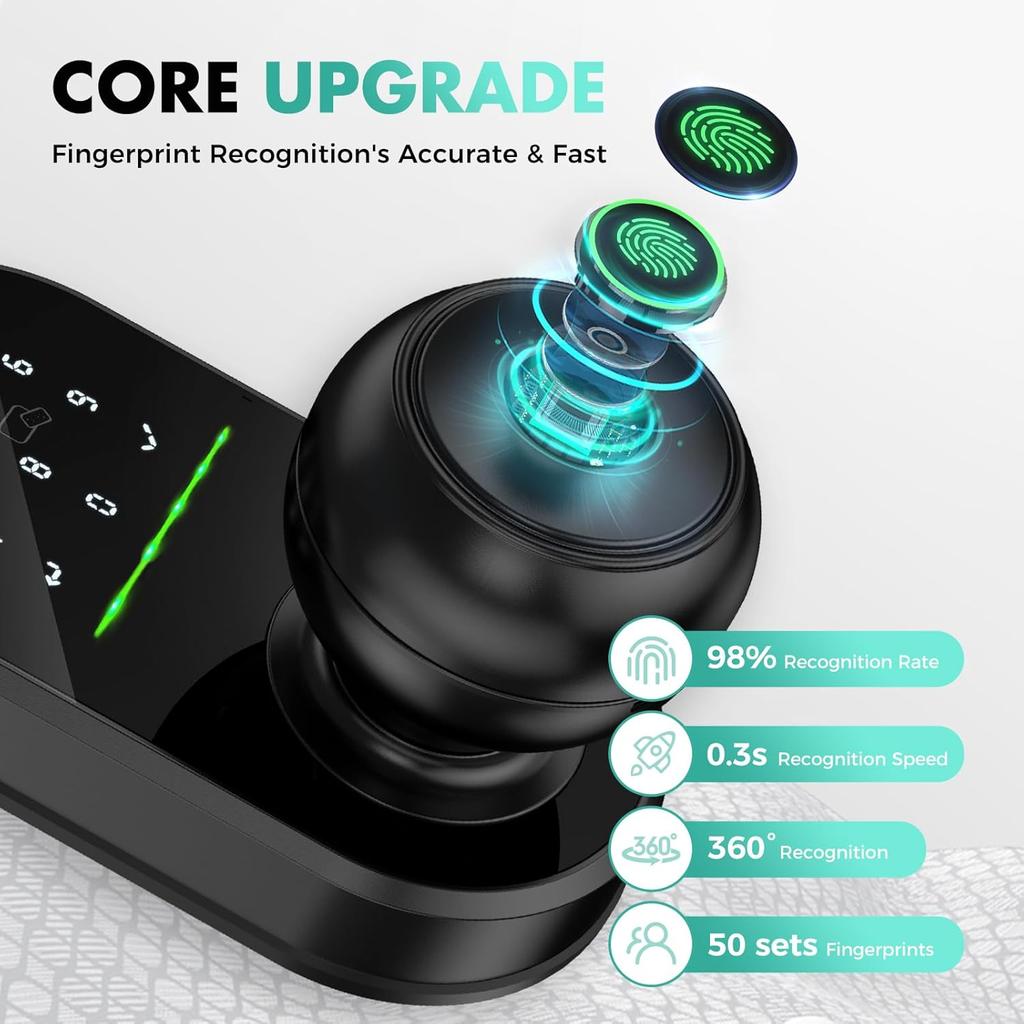 Tastatur Smart Türschloss mit Knauf, Schlüsselloses Eingangstürschloss, Fingerabdruck Türknauf für Haustür, Elektronischer Code, App-Fernsteuerung, Einfach