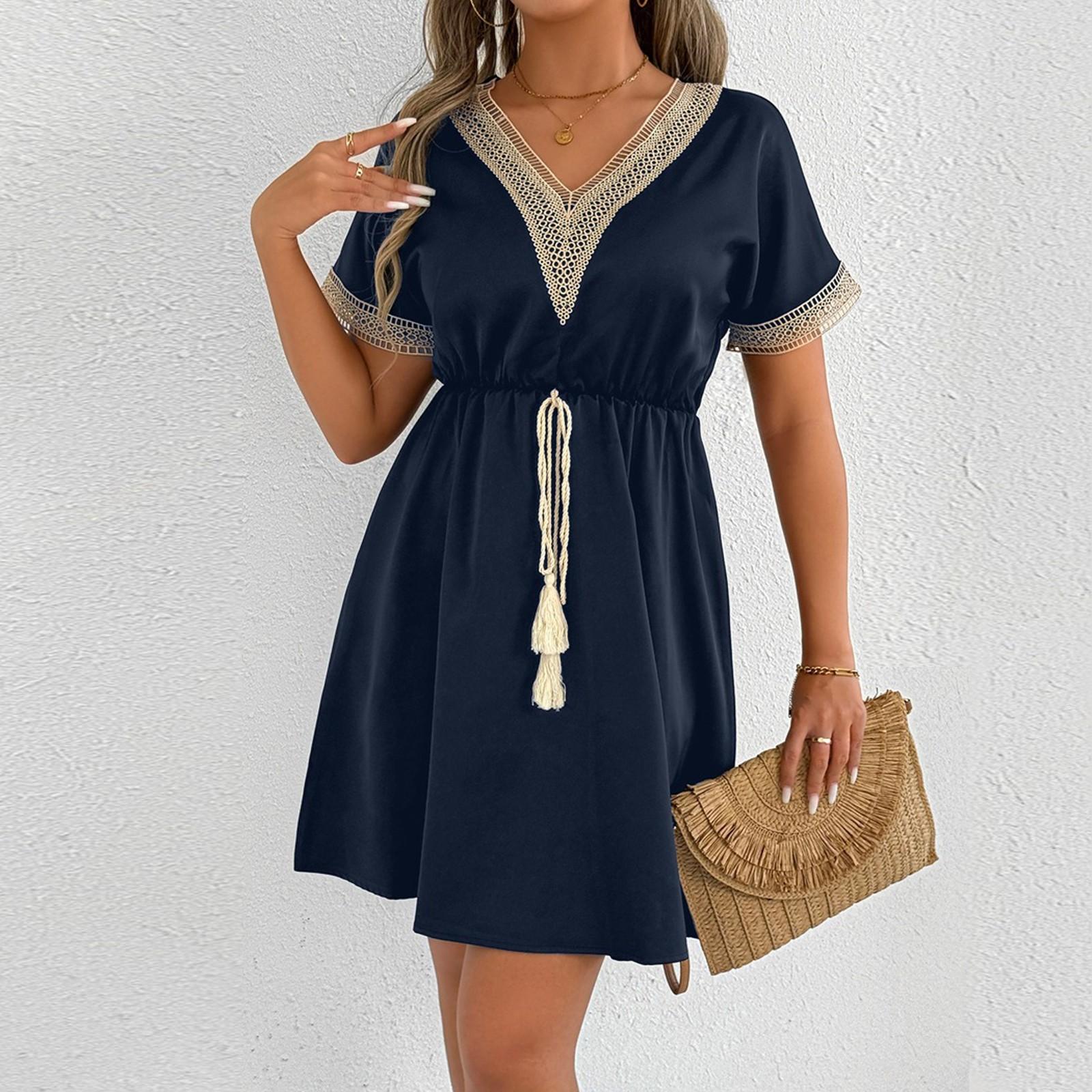 Women s Fashionable Print Round Neck Loose Short Sleeved Pocket Pullover Dress L