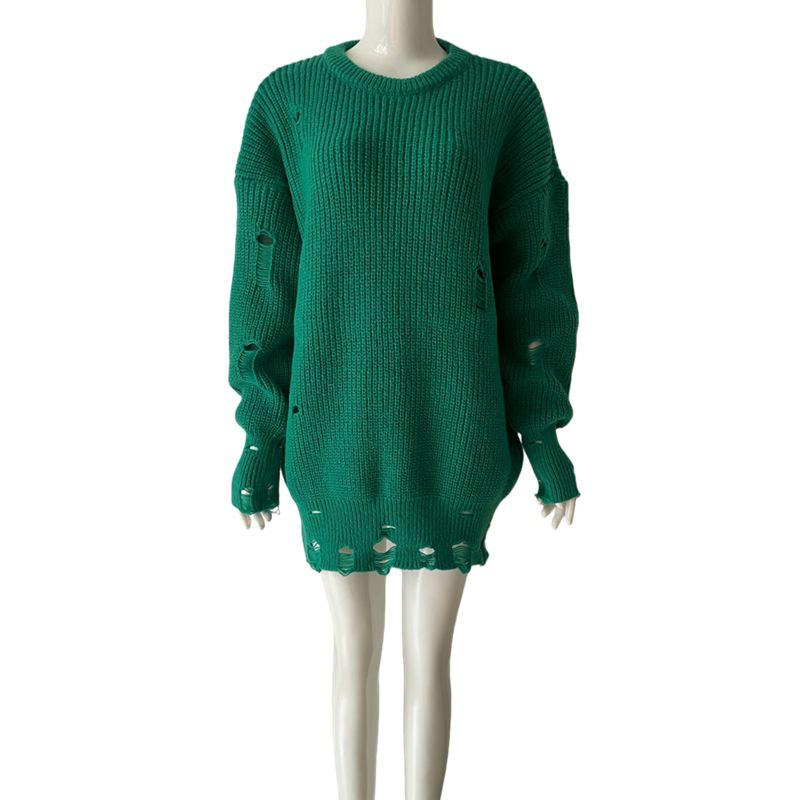Women's Autumn/Winter Solid Color Ripped Knit Sweater Dress - Round Neck, Long Sleeve, Mid-Length Pullover