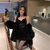 Pure Lace Splicing V-Neck Suspender Dress Women's Winter Sexy Hollow Waist Hip Skirt Black Bottom Skirt
