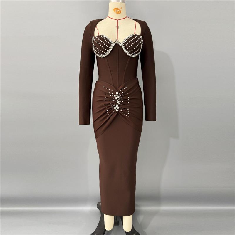 

Новое платье-бандаж с длинным рукавом, темпераментное длинное платье, модное платье, тяжелая промышленность, бриллиант, женский темперамент XL темно-коричневого