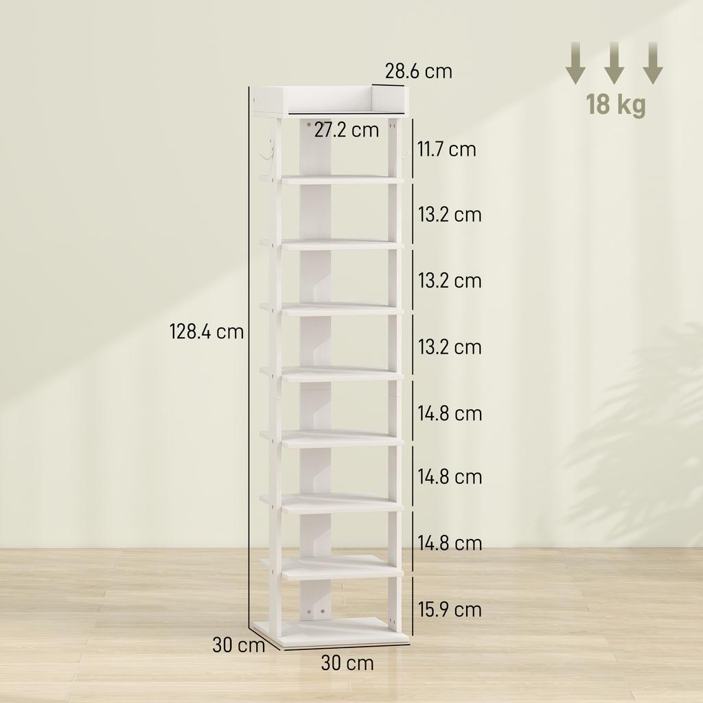 Shoe Rack 9-Tier Shoe Storage Organiser Top Tray Guardrail 2 Hooks 30 X 30 X 128.4 Cm White