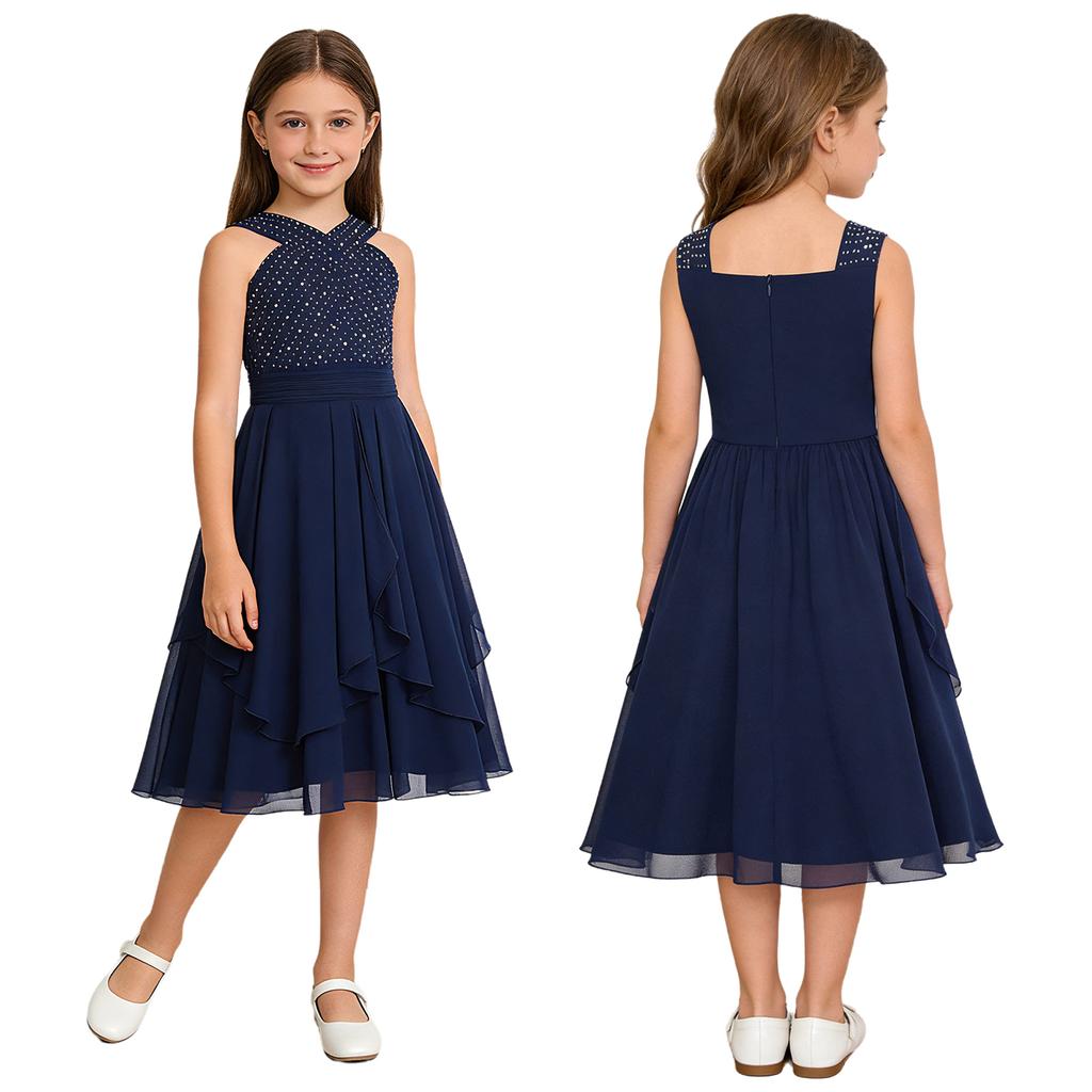 Girls V-Neck Sleeveless Pleated A-Line Dress Sparkly Rhinestone Embellished High Waist Knee Length for Wedding Banquet Prom