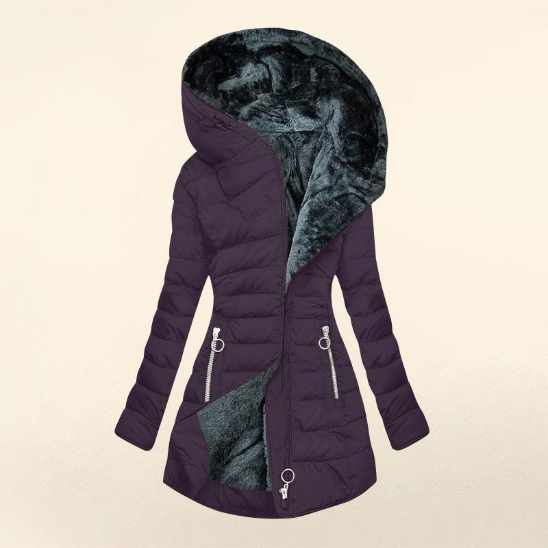 Winter Fur Collar Zipper Long Sleeved Slim Fit Warm Hooded Jacket, Cotton Coat for Women