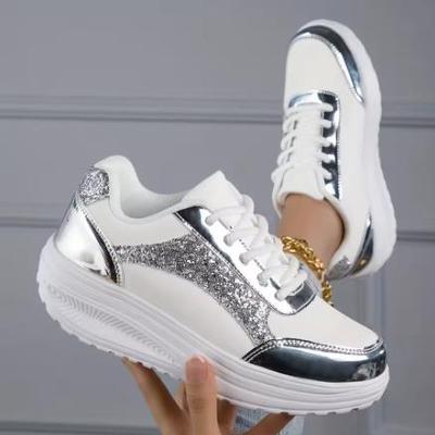 Damen Pailletten Sneaker Schnürer Plateau Pailletten Dekorative Walking Rock Schuhe