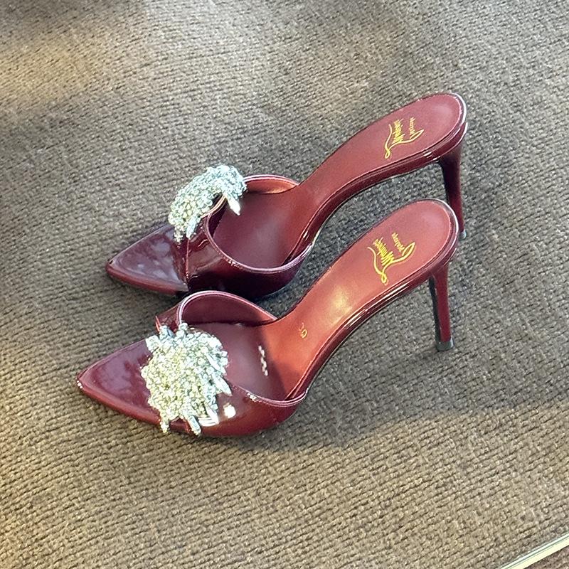 Fashion Slippers for Women's 2025 Summer New Model Rhinestone Stunning High Heels Cool Slippers Pointed High Heels Sandals for Women