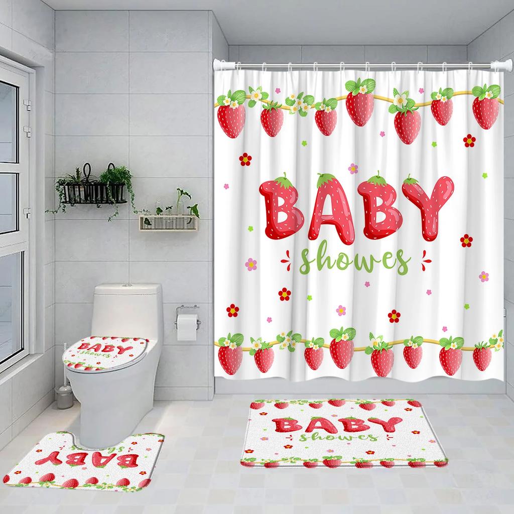 Strawberry Pink Shower Curtain Set Girls Woman Fruit Summer Bathroom Decoration Bathtub Rug Mat Home Carpet Toilet Lid Cover