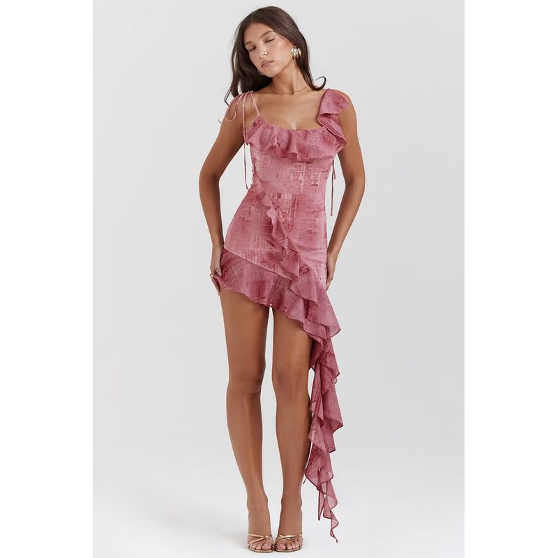 

French Atmosphere Pink Ruffled Spaghetti Straps Dress Pink Print Slip Skirt(High quality) S