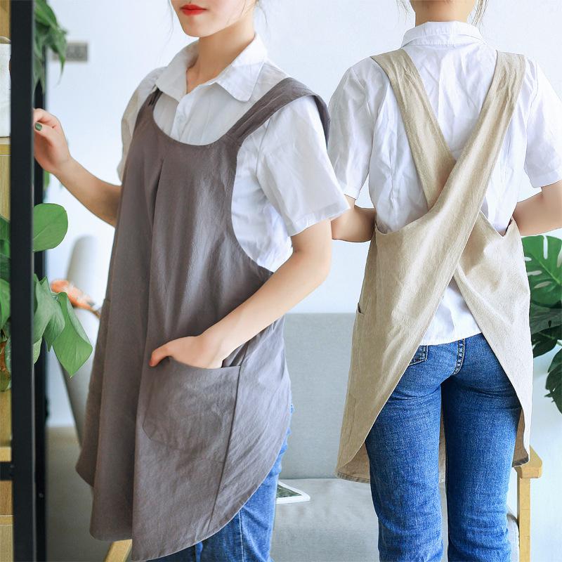 Retro Floral Cotton Linen Apron - Japanese & Korean Style, Comfortable Women's Bib with Printed Logo