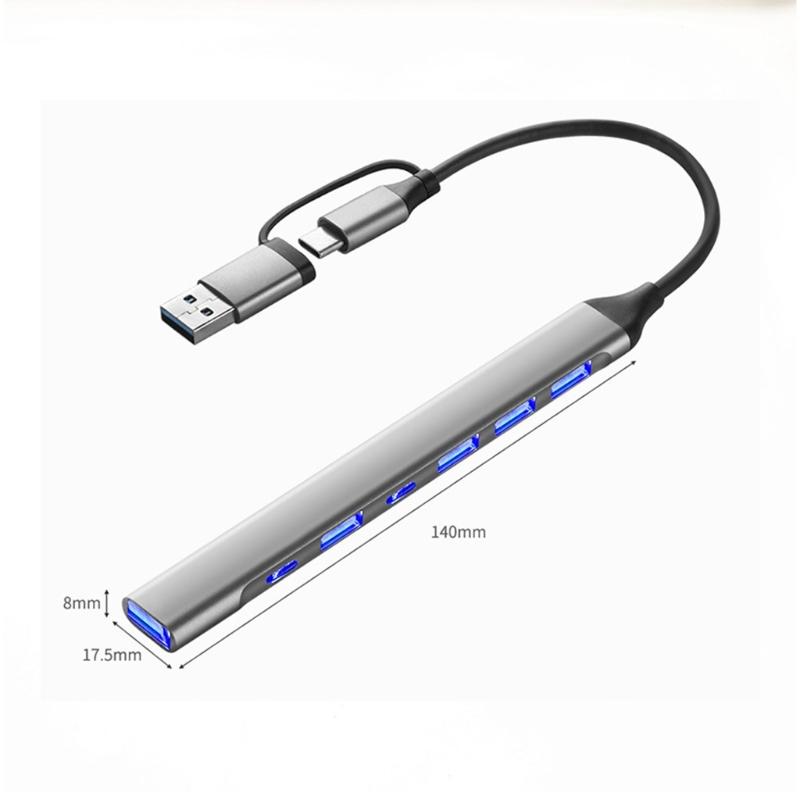 USB3.0 Hubs With 7/4 Port USB A/C Adapters Fast Charging Metal Housing Plugs Play for Laptop Computer
