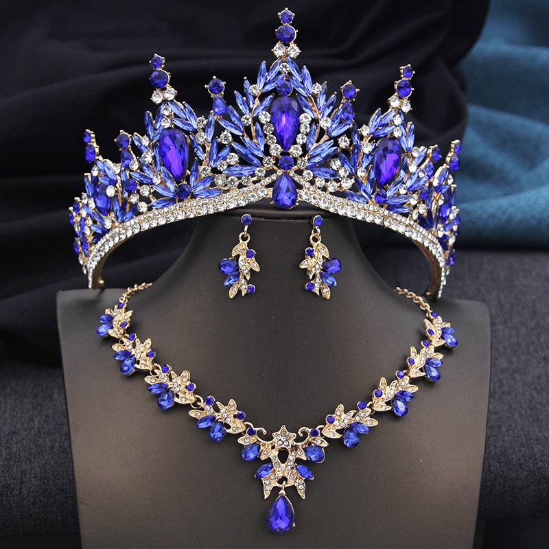 3 Pcs Set Purple Tiaras and Crowns Costume Jewelry Set for Bridal Crown Jewelry Sets Women Party Wedding Crown Necklace Set