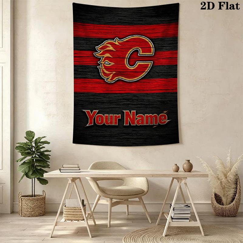 Name Custom Calgary Flames Logo Wall Tapestry Aesthetic Wall Hanging Printed Fabric Blanket Decorative Tapestries for Bedroom Living Room Home Decor