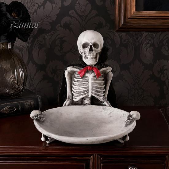 Dark Aesthetic Ornament Halloween Skeleton Decorative Tray, Gothic Storage Tray with Black Cape Red Figurine Bow, Multifunctional Desktop Organizer
