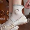 Korean Style Cartoon Puppy Embroidered Mesh Ruffle Socks for Girls, Breathable Mid-Calf Length