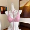Pink Halter Neck Lace Bra Set Sweetheart Sexy Underwire Push Up Full Coverage Women Bralette
