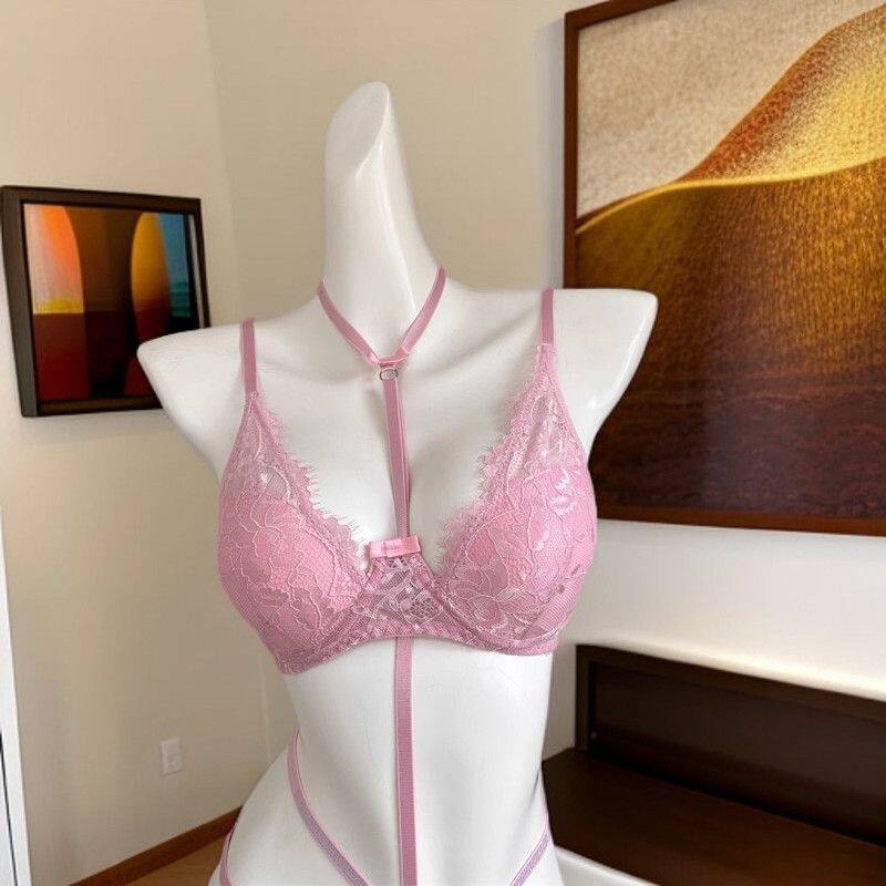 Pink Halter Neck Lace Bra Set Sweetheart Sexy Underwire Push Up Full Coverage Women Bralette