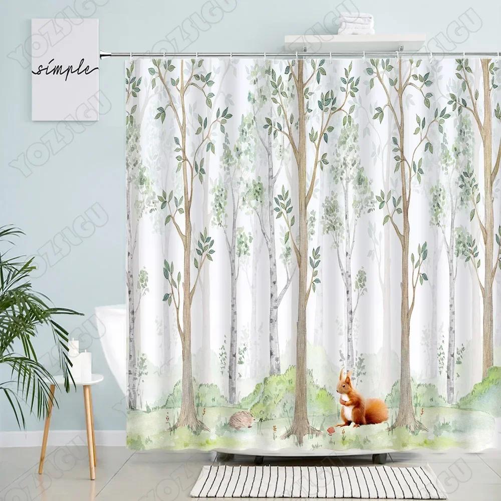Forest Animal Shower Curtains Trees Green Leaves Plants Deer Creative Print Bath Curtain Modern Fabric Home Bathroom Decor Sets