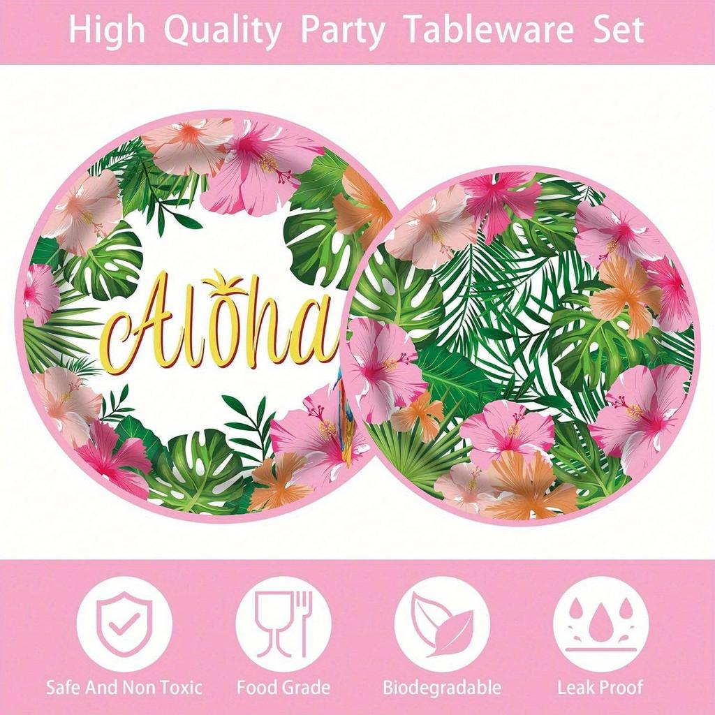 Pink Hawaiian Paper Cups Napkins Plates Tropical Luau Party Supplies Disposable Plates and Party Napkins Tropical Palm Leaf and Hibiscus Aloha