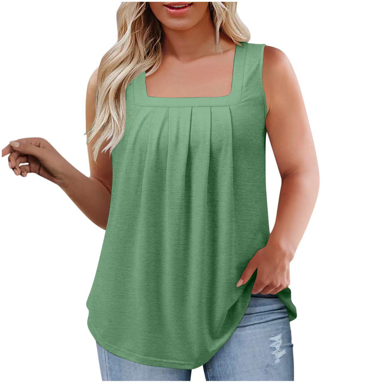 2025 Plus Size Sleeveless Square Neck Pleated Swallowtail Camisole for Women 5XL зелёный