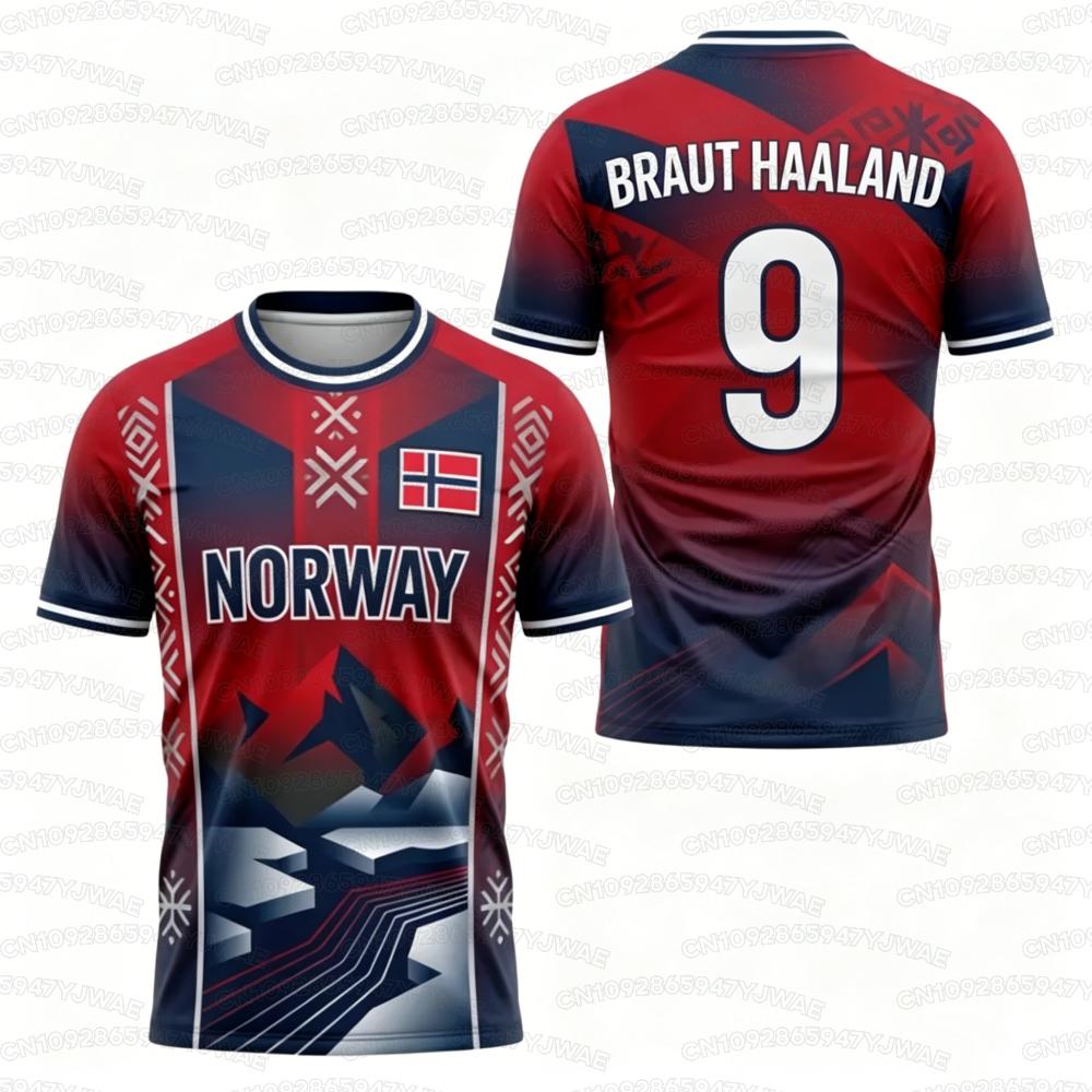 2026 Camiseta de Manga Corta con Estampado de la Bandera de Noruega para Hombre y Mujer N.º 9 HAALAND Camisetas con Estampado 3D Camiseta de Fútbol para Niños al Aire Libre Tops Deportivos