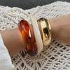 Vintage Amber Smudged Acrylic Bracelet, Fashionable Metal Glossy Resin Wide Bracelet
