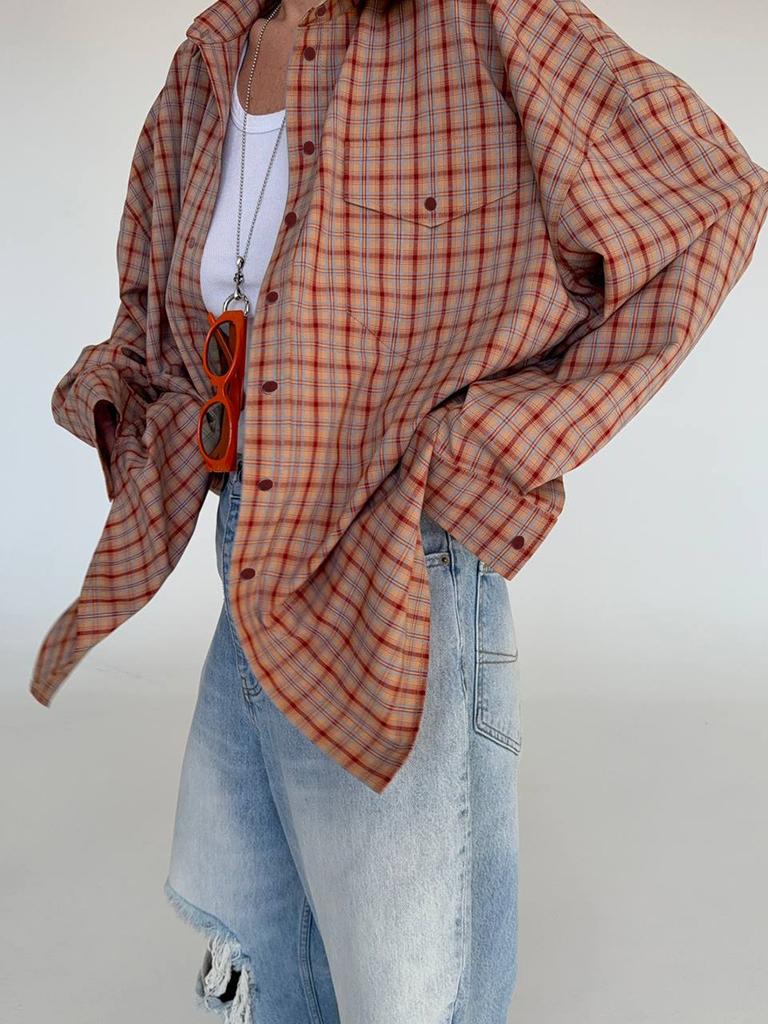 Camicia a quadri da donna con bottoni, Blusa a quadri oversize a maniche lunghe, Top autunnale casual dal taglio rilassato