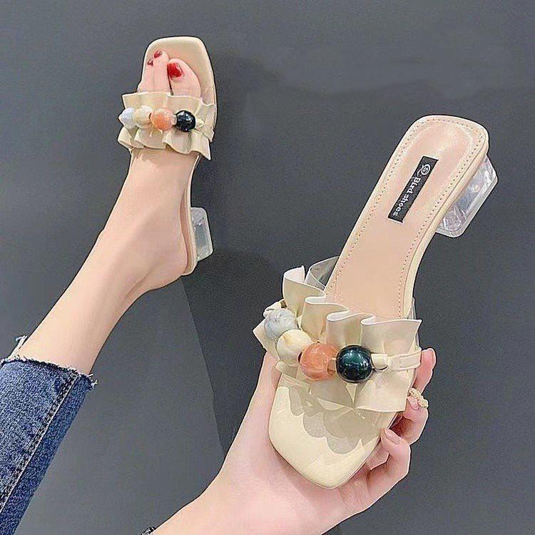 Women's Summer French Transparent Pleated Beads Beach Slippers Cool Drag