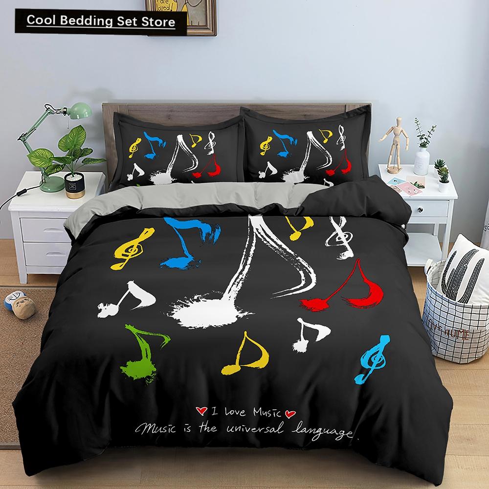 Piano Music King Queen Duvet Cover Musical Notes Bedding Set For Kids Teens Girls Black And White Piano Keys 2/3Pcs Quilt Cover