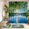 4Pcs 2D Flat Serene Lake Forest Shower Curtain Set with Non-Slip Bath Mat, Toilet Lid Cover, Contour Rug & 12 Hooks, Bathroom Decor