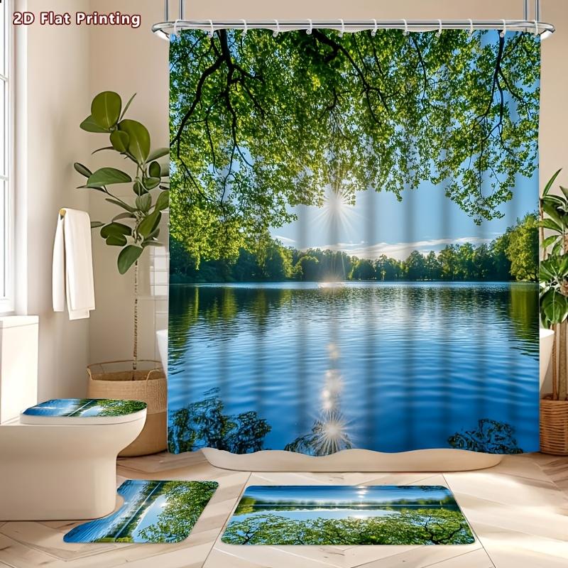 4Pcs 2D Flat Serene Lake Forest Shower Curtain Set with Non-Slip Bath Mat, Toilet Lid Cover, Contour Rug & 12 Hooks, Bathroom Decor