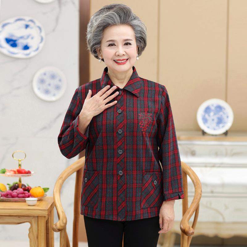 

Elderly Women s Red and Black Plaid Cotton Shirt Long Sleeve Button-Down Blouse with Embroidered Detail and Side Pockets, Soft and Breathable Fabric XL