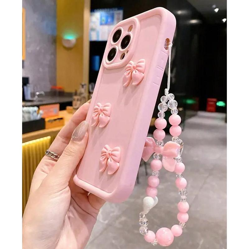 Cute 3D Bowknot Silicone Phone Case For iPhone 11 12 13 14 15 16 17 Pro Max 16E X XS XR 7 8 Plus Bow Lanyard Hanging Rope Cover