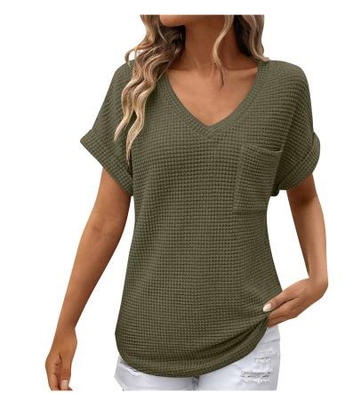 VEZFAA Damenmode, lässig, Sommer, Frühling, einfarbig, bedruckt, kurzärmelig, V-Ausschnitt, Blusen und Hemden