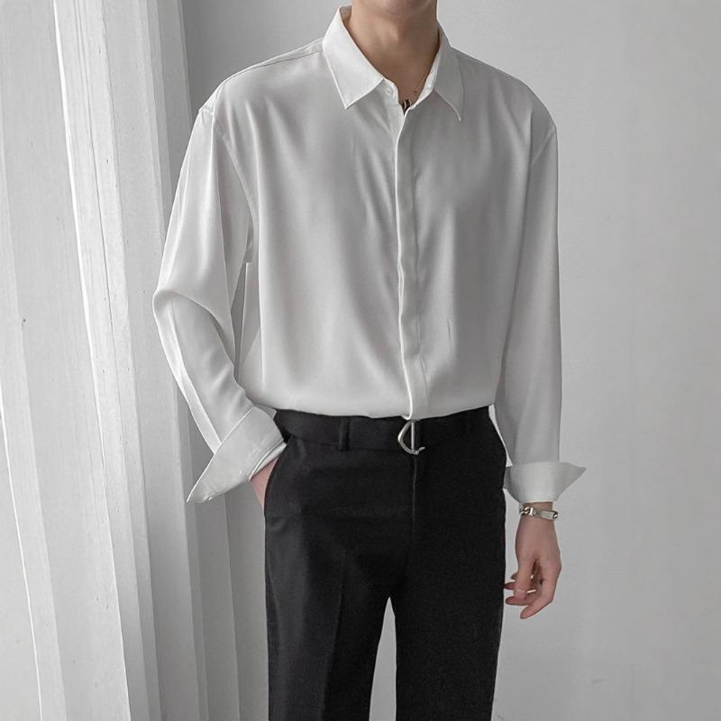 Men's Light Green Satin Long Sleeve Shirt Casual Oversized Streetwear Top