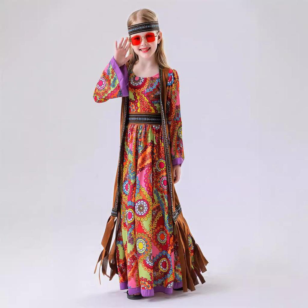 Children's Hippie Costume 70s 60s Vintage Disco Costume Dresses Girl Halloween Carnival Festival Party Stage Wear Headscarf Outfit