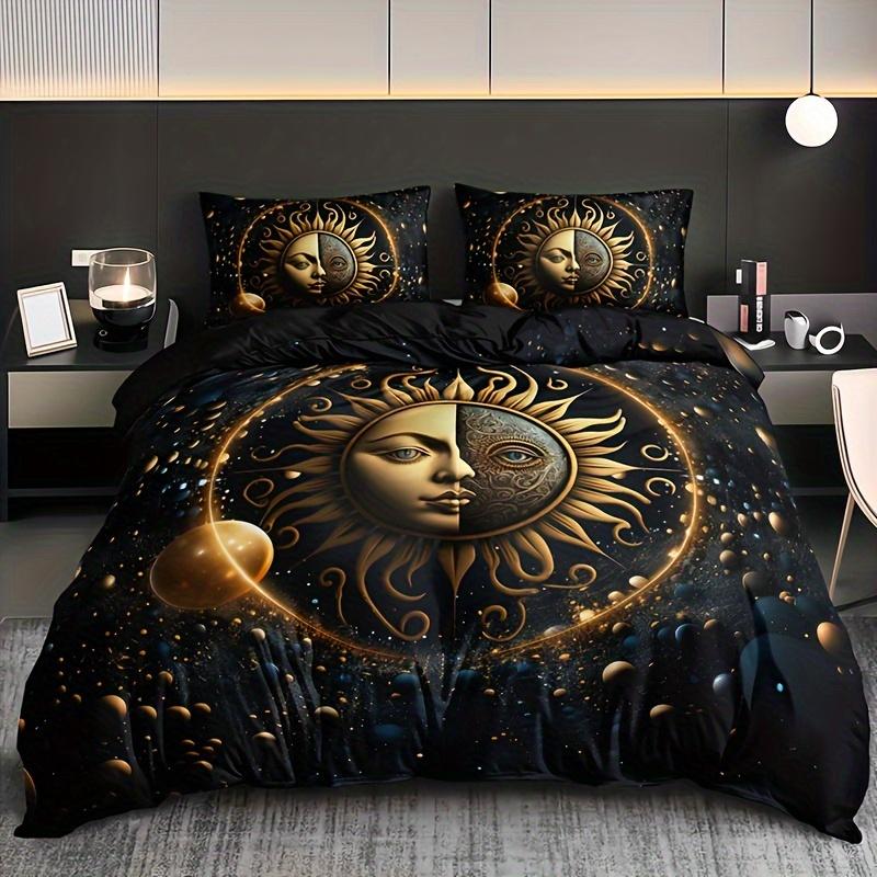

Celestial Sun Moon Stars Duvet Cover Set Golden Printed Bedding Set For Home Decor Includes 1 Duvet Cover And 2 Pillowcases 90X200cm