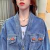 2026 Spring Women's Embroidered Denim Jacket - Korean Style, Loose V-neck, Short Waist-Cinching Fashion.